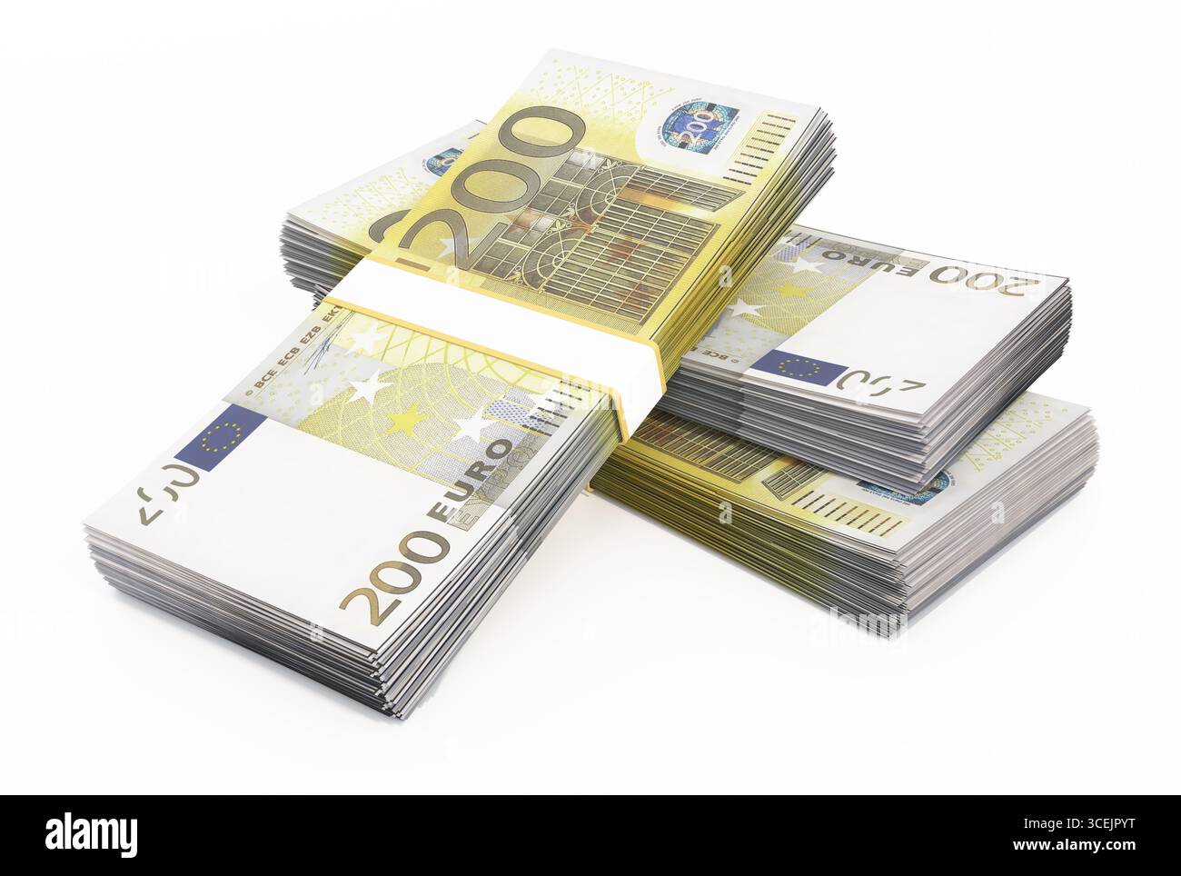 200 banconote in euro isolate su bianco. Illustrazione 3D. Foto Stock