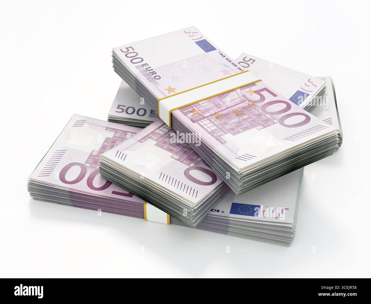 500 banconote in euro isolate su bianco. Illustrazione 3D. Foto Stock