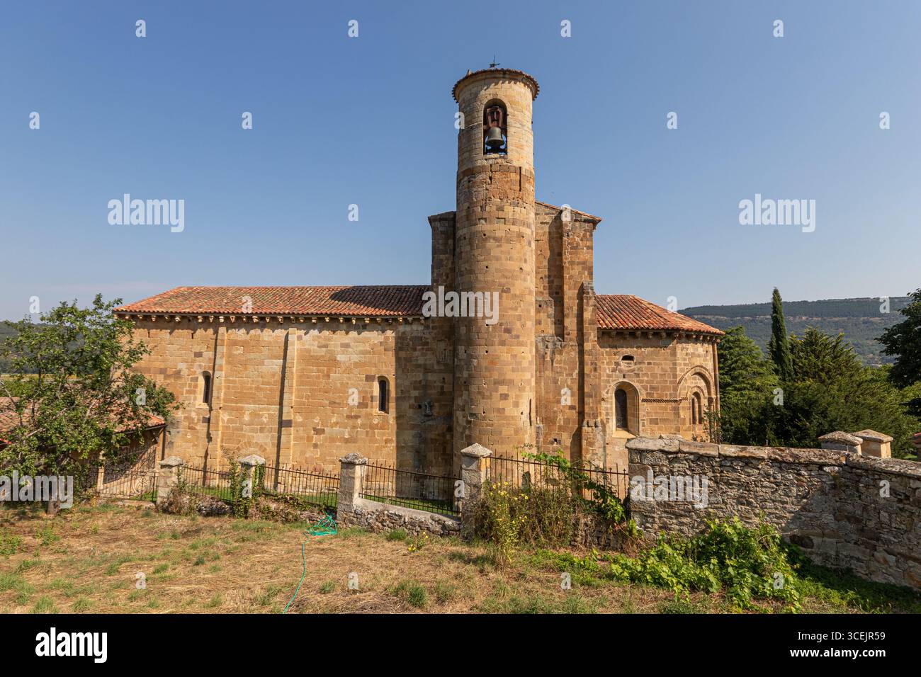 Valderredible, Spagna. Vista laterale della chiesa romanica collegiata di San Martin de Elines con il suo campanile cilindrico, la muratura in conci e un mais Foto Stock