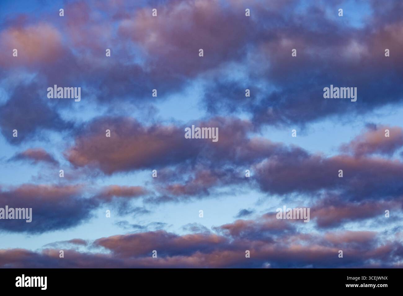 Nuvole serali colorate con sfumature di viola e arancione in un cielo crepuscolo Foto Stock