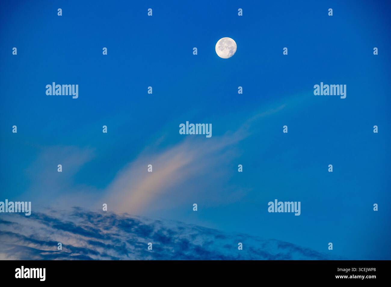Luna piena che si innalza sopra le nuvole di neve in un cielo notturno blu profondo Foto Stock