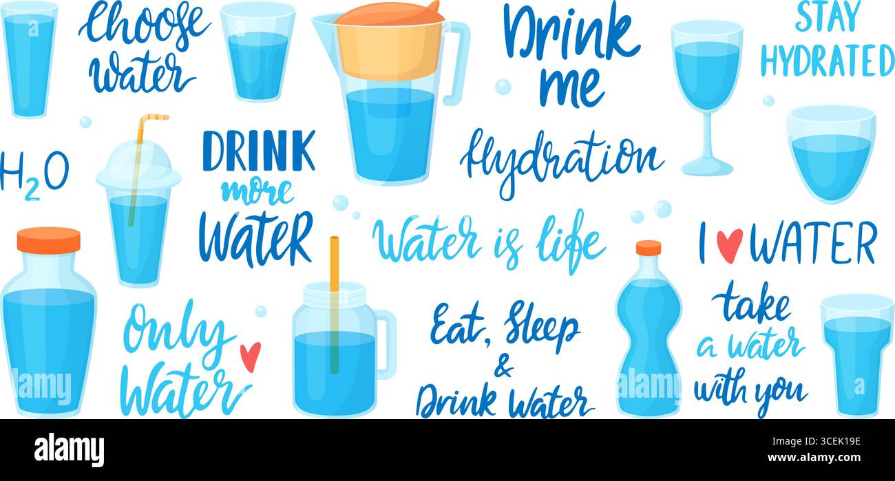 Bevete più acqua. Diversi bicchieri, bottiglie e caraffa con liquidi. Frasi positive scritte a mano su idratazione e bere, set di vettori neoterici Illustrazione Vettoriale