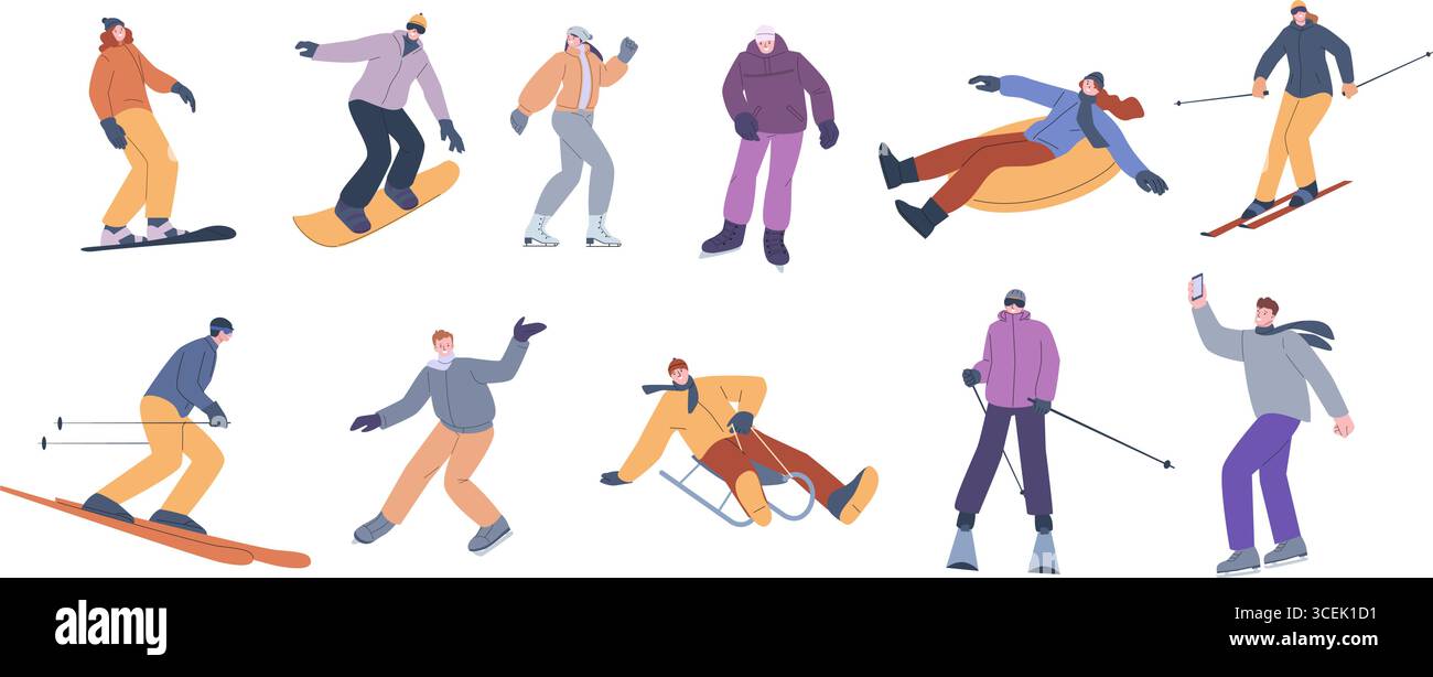Personaggi dello sci dello slittino e dello snowboard. Persone in abiti sportivi invernali. Uomo sportivo donna sui pattini. Attività all'aperto stagionali, set vettoriale Illustrazione Vettoriale