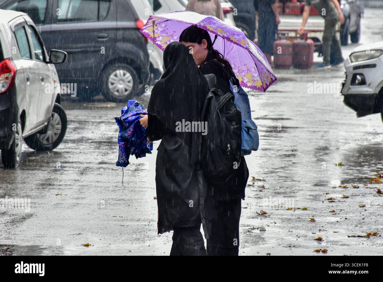 Srinagar, India. 18 agosto 2025. Gli studenti di Kashmiri tengono gli ombrelli mentre camminano lungo la strada durante le piogge a Srinagar. Almeno 67 persone sono state uccise e altre decine sono scomparse dopo due incidenti di pioggia torrenziale scatenata da nuvole nel Jammu e nel Kashmir. Nel frattempo, piogge da moderate a pesanti hanno attaccato ampie parti del Kashmir spingendo le autorità a istituire sale di controllo di emergenza in parti vulnerabili della valle, hanno detto i funzionari. (Foto di Saqib Majeed/SOPA Images/Sipa USA) credito: SIPA USA/Alamy Live News Foto Stock