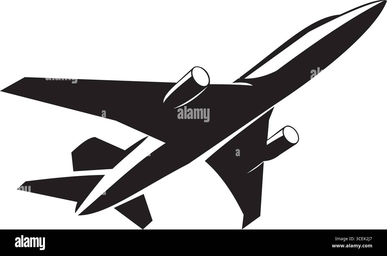 L'audace silhouette in bianco e nero di un aereo commerciale scattata in una posa di arrampicata verso l'alto. Con ali scorrevoli, motori doppi e un tai definito Illustrazione Vettoriale
