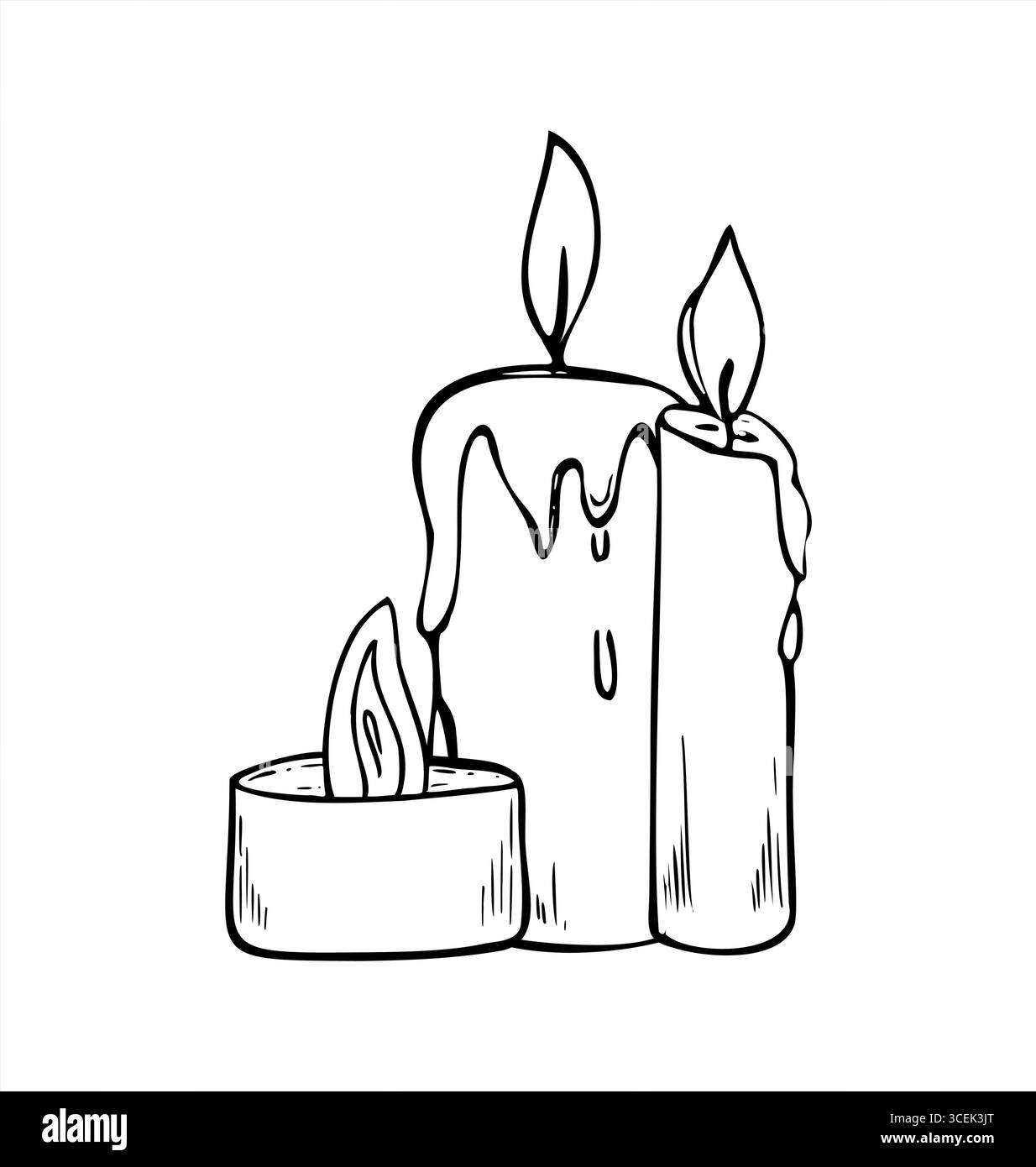 Candele bruciate con cera gocciolante illustrazione vettoriale monocromatica dipinta con inchiostri neri. Festa o composizione religiosa che incide disegno per Natale Illustrazione Vettoriale