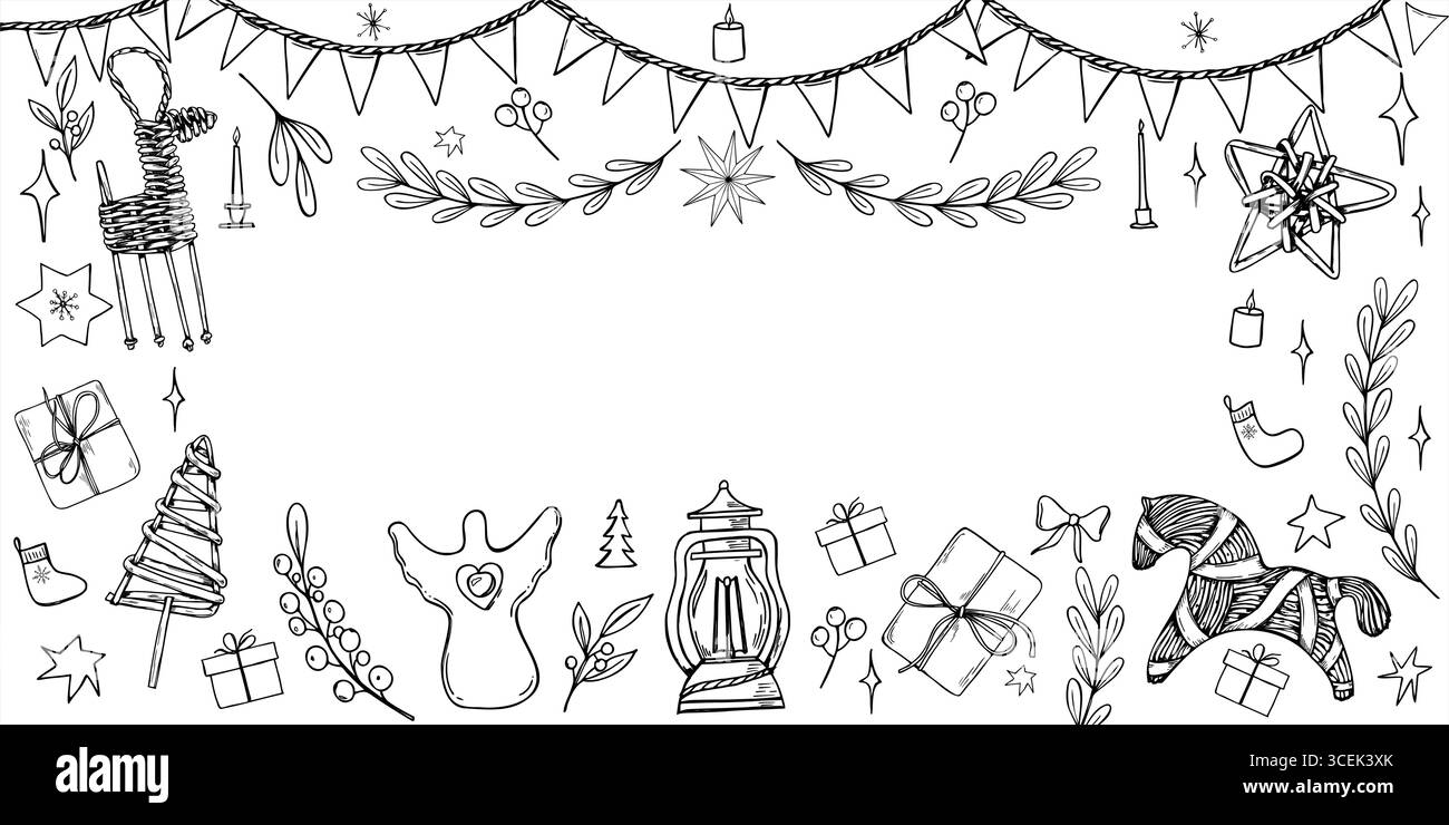 Cornice orizzontale vettoriale decorativa natalizia dipinta con inchiostri neri. Giocattoli in legno tradizionali scandinavi Yule, candela, cono, erica, stella, lanterna Illustrazione Vettoriale
