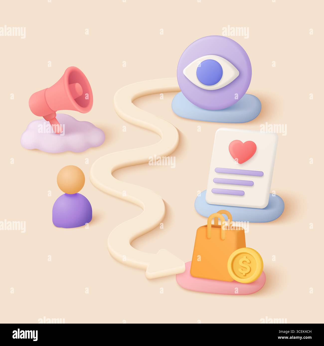 concept dell'imbuto di vendita 3d che mostra il percorso del cliente dalla consapevolezza all'acquisto con icone per fasi di marketing, coinvolgimento e conversione, ideale per l'illustrazione vettoriale della strategia aziendale Illustrazione Vettoriale