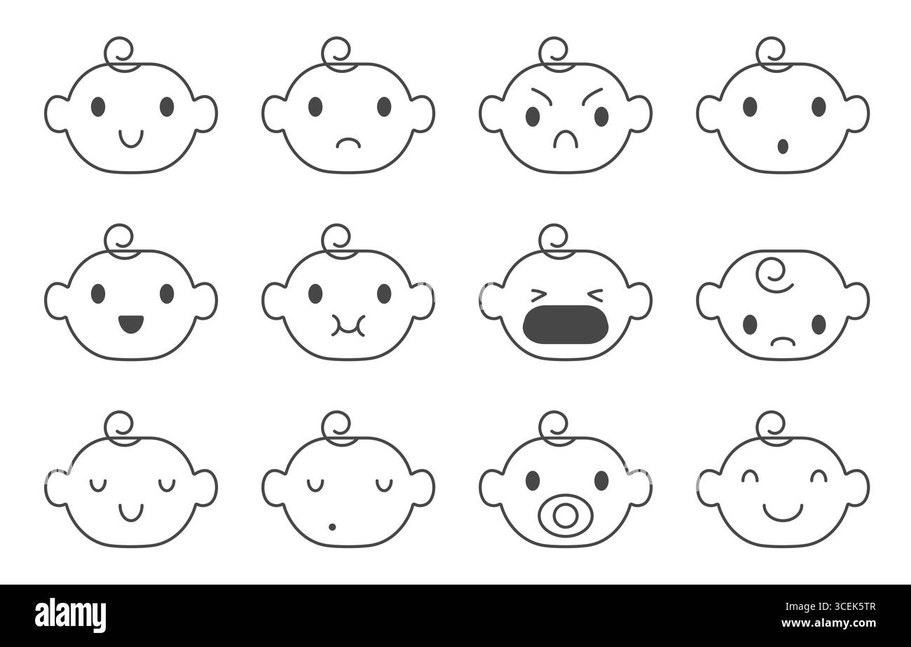 Simpatici scarabocchi per bambini che mostrano varie emozioni in un semplice stile line art, perfetti per disegni educativi o genitoriali, isolati su sfondo bianco, illustrazione vettoriale Illustrazione Vettoriale