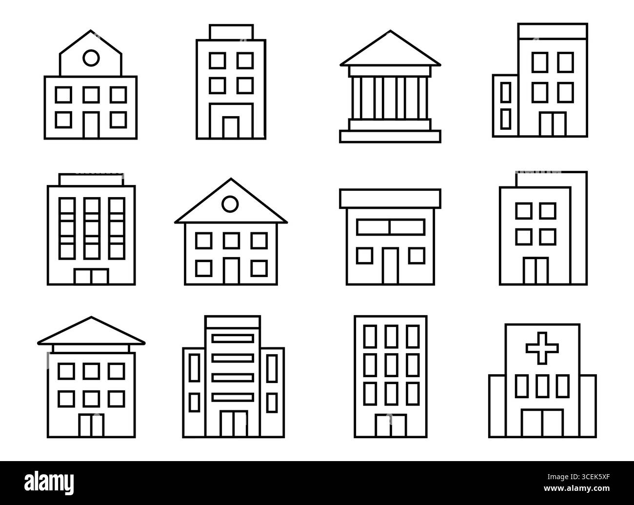 Serie di dodici icone con linee nere che mostrano vari edifici, tra cui casa, ufficio, banca, scuola, hotel, strutture di negozi, ospedali e città, isolate su sfondo bianco, illustrazione vettoriale Illustrazione Vettoriale