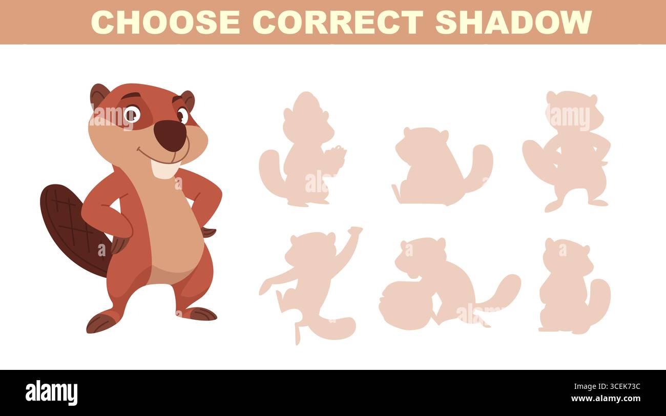 Sagome di castoro. scegli le ombre corrette dai cartoni animati dei castori in pose d'azione Illustrazione Vettoriale