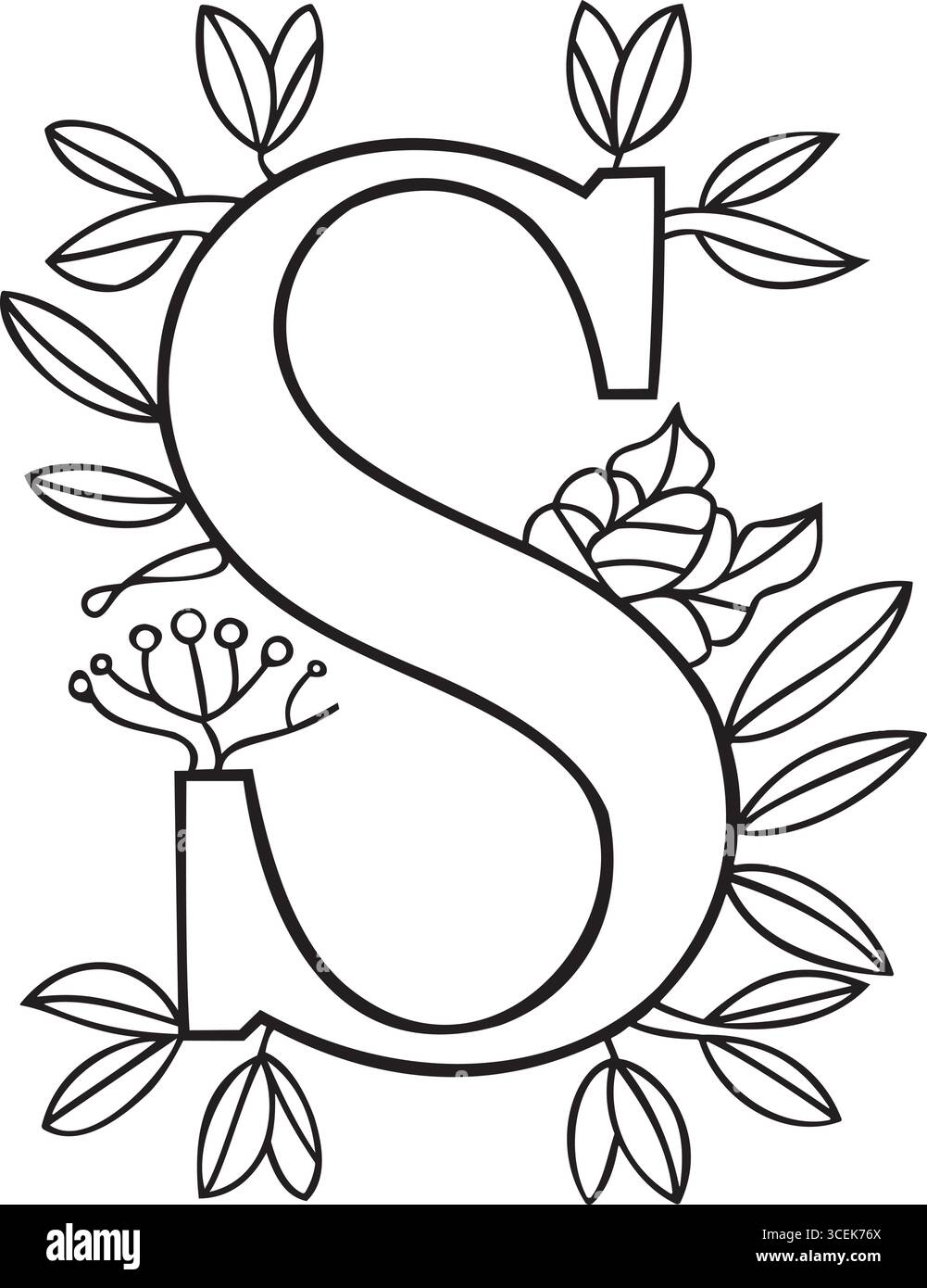Una lettera "S" splendidamente stilizzata adornata da intricati elementi botanici, tra cui foglie e fiori. Il design è caratterizzato da un'armoniosa miscela di na Illustrazione Vettoriale