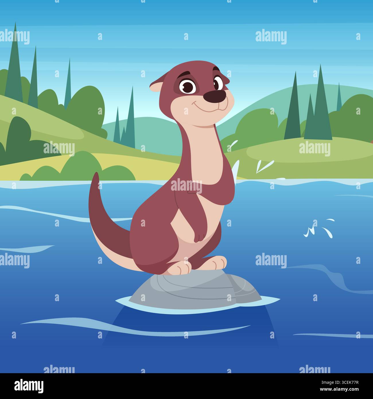 Lontra. lontra di animali del fiume cartoni animati in piedi su pietra nel fiume Illustrazione Vettoriale