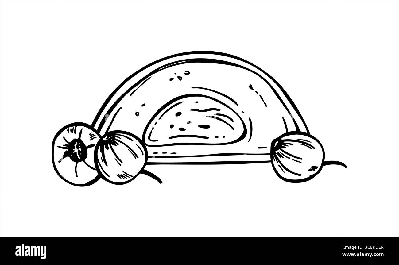 Torta di riso giapponese monocromatica disegnata a mano con illustrazione vettoriale di bacche. Half mochi e ribes art. Caramelle di ripieno dolce Illustrazione Vettoriale