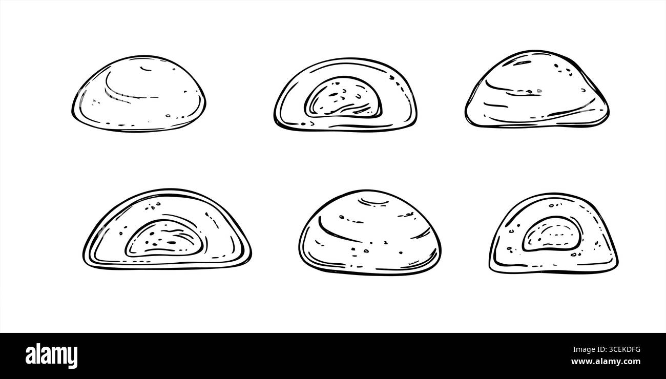 Set vettoriale bianco e nero di mochi in varie forme. Clip art daifuku intere e dimezzate. Dolce tradizionale asiatico, caramelle dolci. Per l'imballaggio Illustrazione Vettoriale