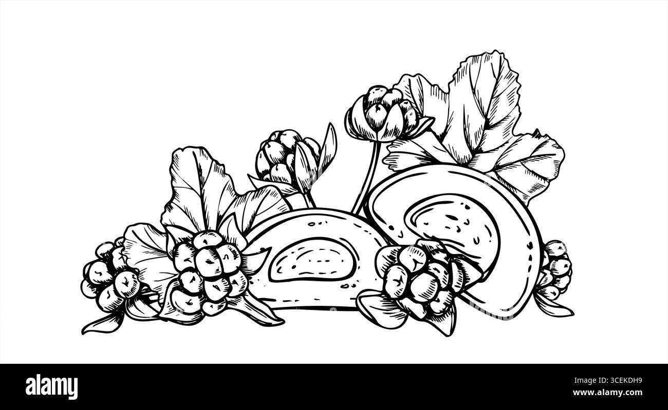 Dolce deserto di riso asiatico con illustrazione vettoriale monocromatica a bacca di nuvole dipinta da inchiostri neri. Bozza grafica a metà mochi e more. Illustrazione Vettoriale