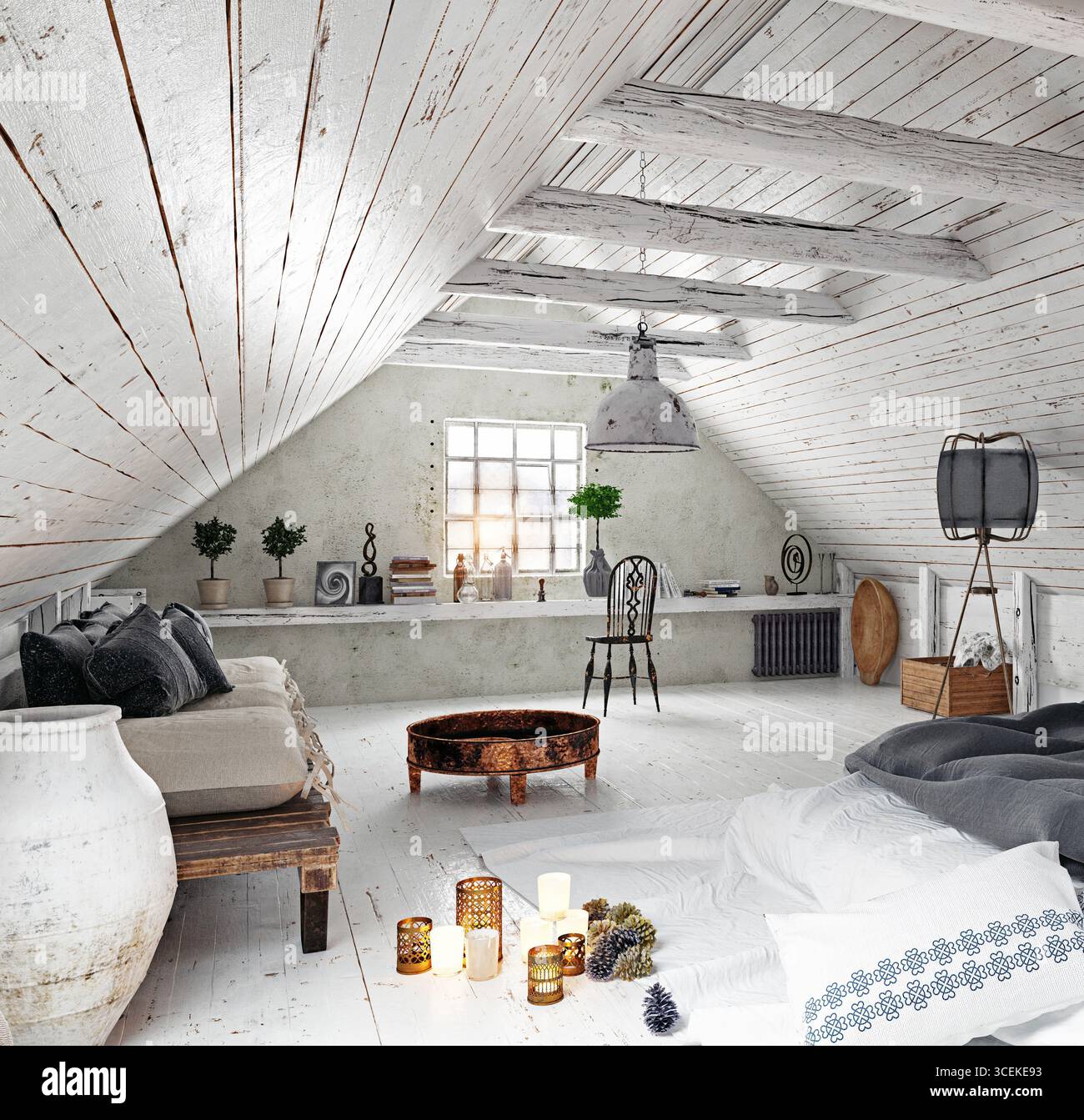 Un loft interno minimalista con pareti bianche, pavimenti in legno e mobili. Rendering 3D. Foto Stock