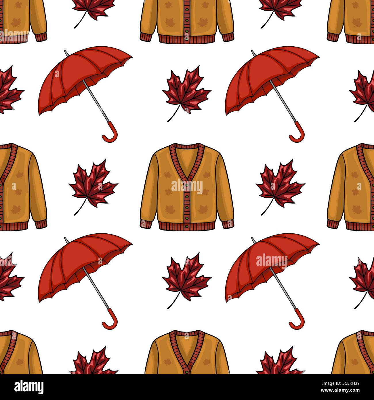 Motivo vettoriale senza cuciture con un comodo design autunnale con ombrelli rossi, cardigan gialli senape e foglie d'acero rosso cadente su un fondo bianco Illustrazione Vettoriale