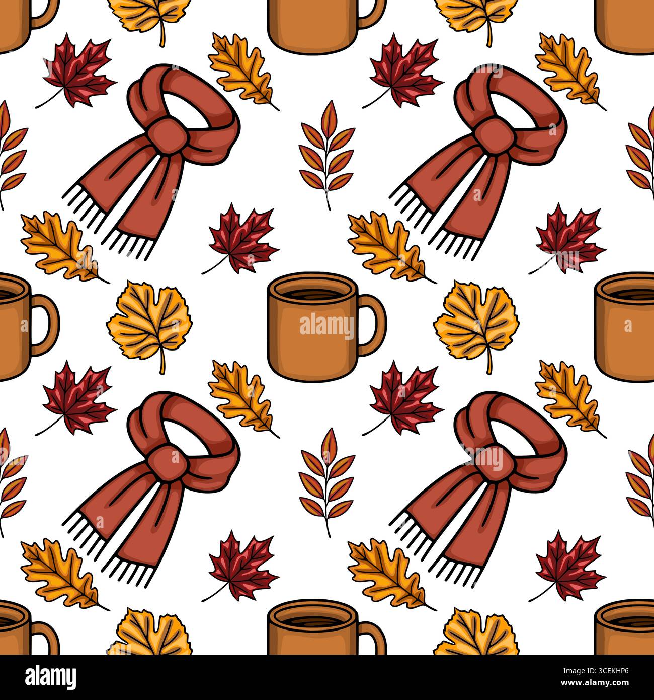 Cozy Autumn Vector Seamless Pattern: Un'affascinante illustrazione con tazze di bevanda calda, sciarpe calde e vivaci foglie autunnali in un design ricorrente Illustrazione Vettoriale