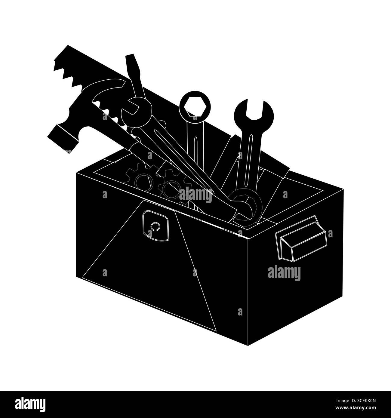 Cassetta degli attrezzi piena di vari strumenti con design vettoriale piatto, cassetta degli attrezzi Handyman con martello e pinze. Illustrazione Vettoriale