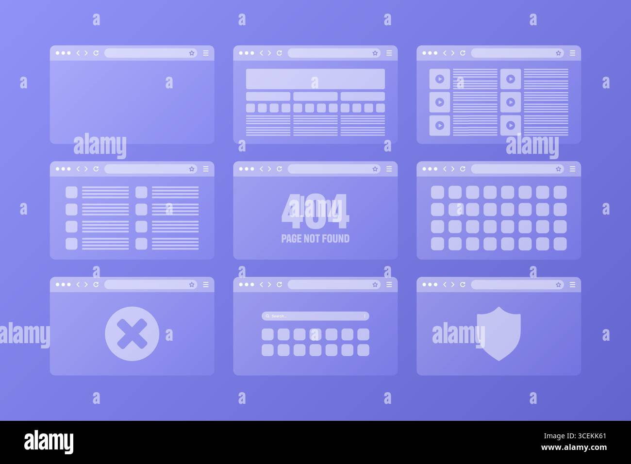 Finestra del browser Web, layout di pagine trasparenti con barra degli strumenti e campo di ricerca. Sito web moderno, pagina Internet. Mockup browser per computer, tablet e. Illustrazione Vettoriale
