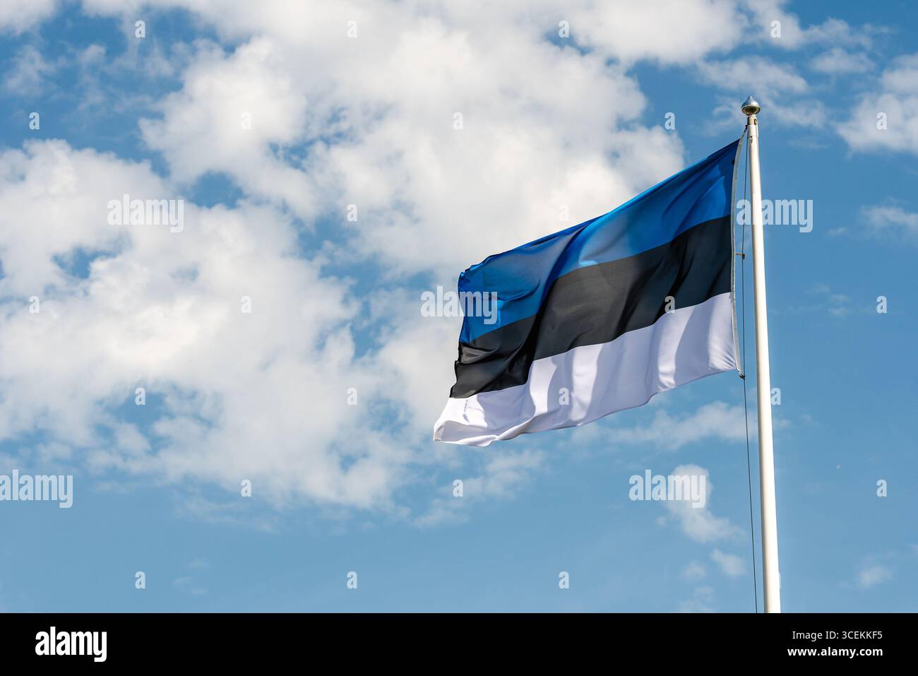 Bandiera nazionale estone che sventola nel vento contro un cielo blu brillante con nuvole sparse Foto Stock