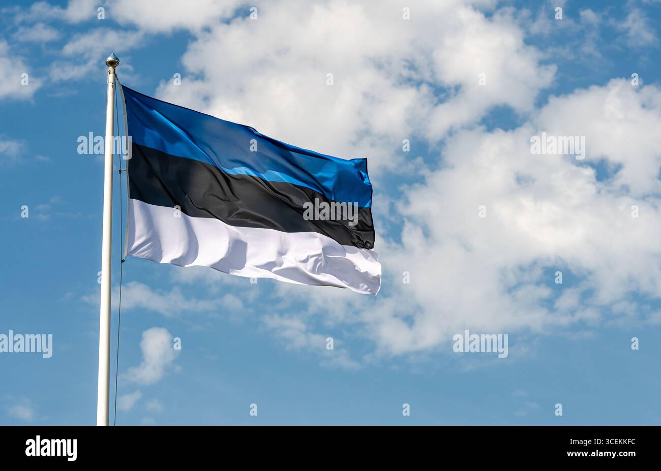 Bandiera nazionale estone che sventola nel vento contro un cielo blu brillante con nuvole sparse Foto Stock