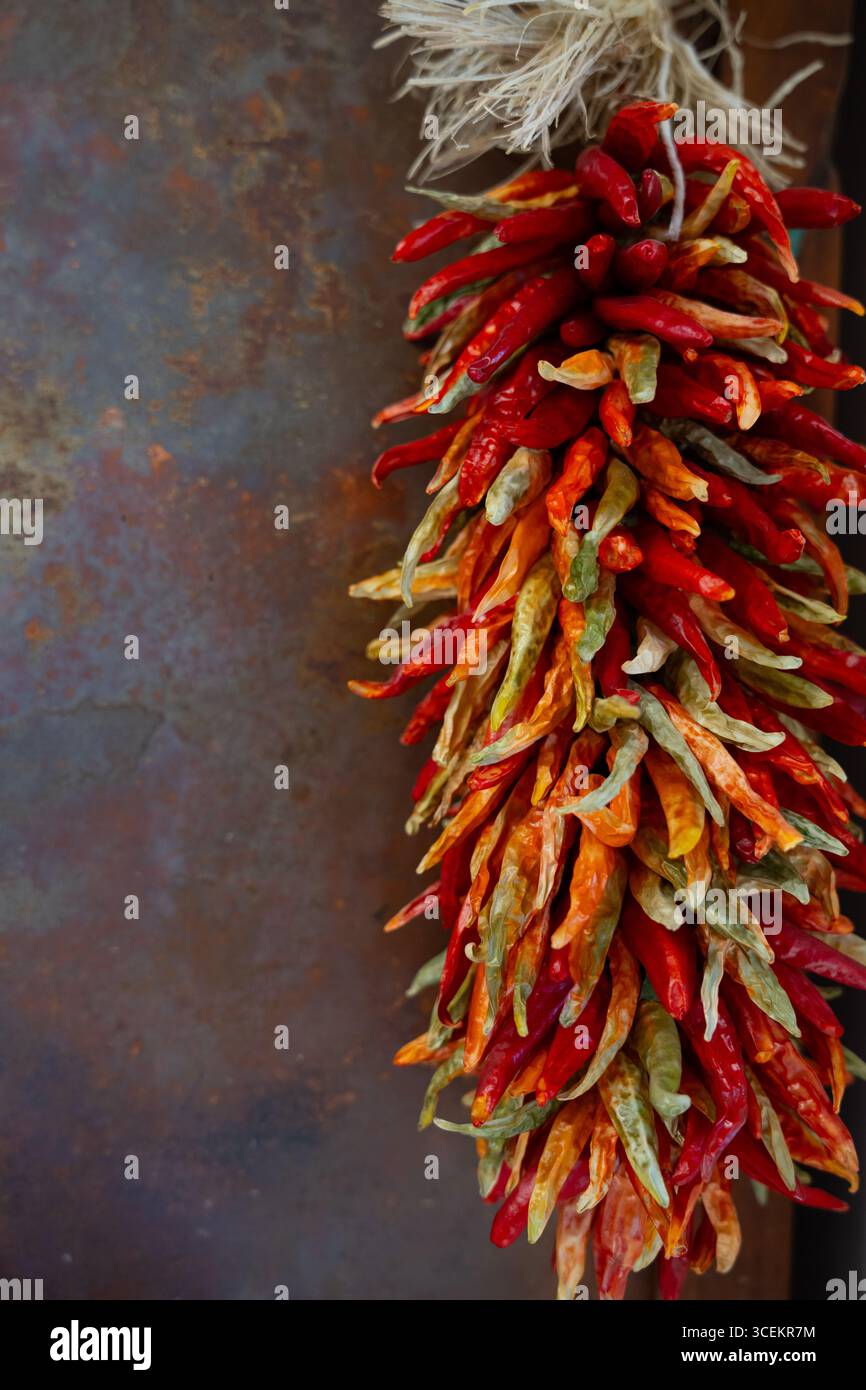 Colorato peperoncino o ristra cilena del New Mexico su uno sfondo metallico arrugginito, sala immagini verticale per viaggi di cucina Foto Stock