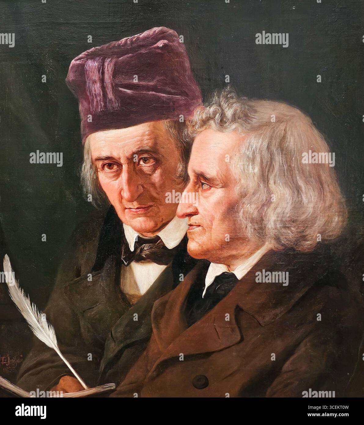 Una fotografia di una riproduzione del famoso ritratto del 1855 degli autori tedeschi Jacob e Wilhelm Grimm, noti come i Fratelli Grimm. L'originale painti Foto Stock