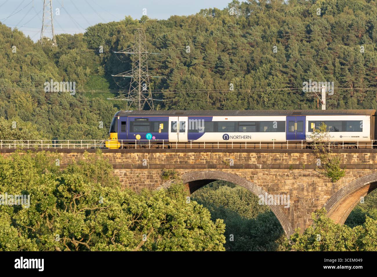 Un'unità elettrica multipla British Rail Class 333 gestita da treni della Northern che viaggiano su un viadotto sulla Wharfedale Railway Line a Baildon, Yorks. Foto Stock