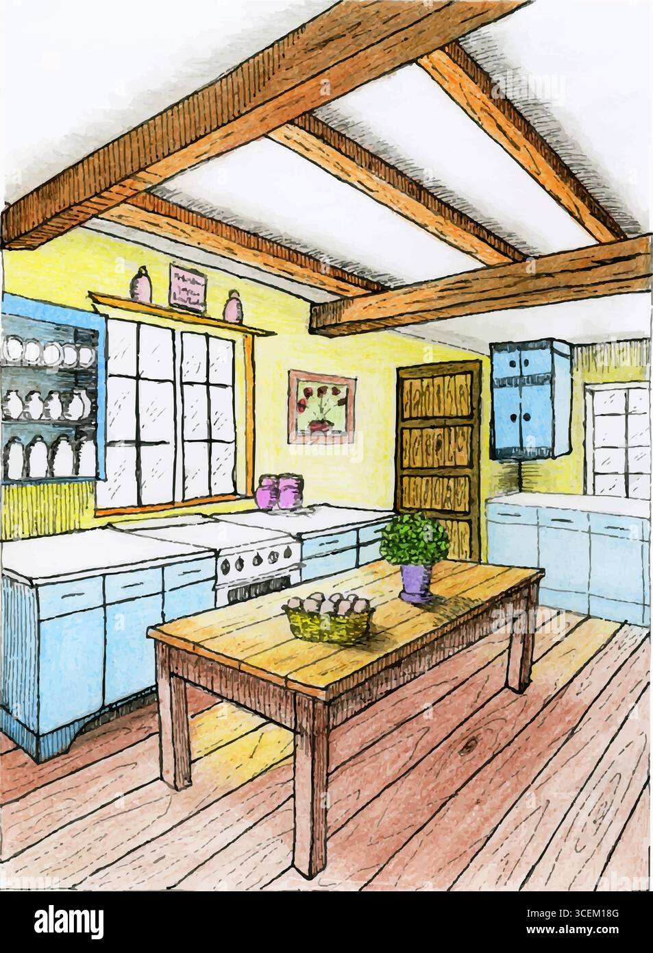 Questo colorato schizzo disegnato a mano raffigura un'accogliente cucina rustica con travi in legno, armadi blu, fornelli, lavandino, tavolo in legno con cesto per le uova, pianta in vaso Illustrazione Vettoriale