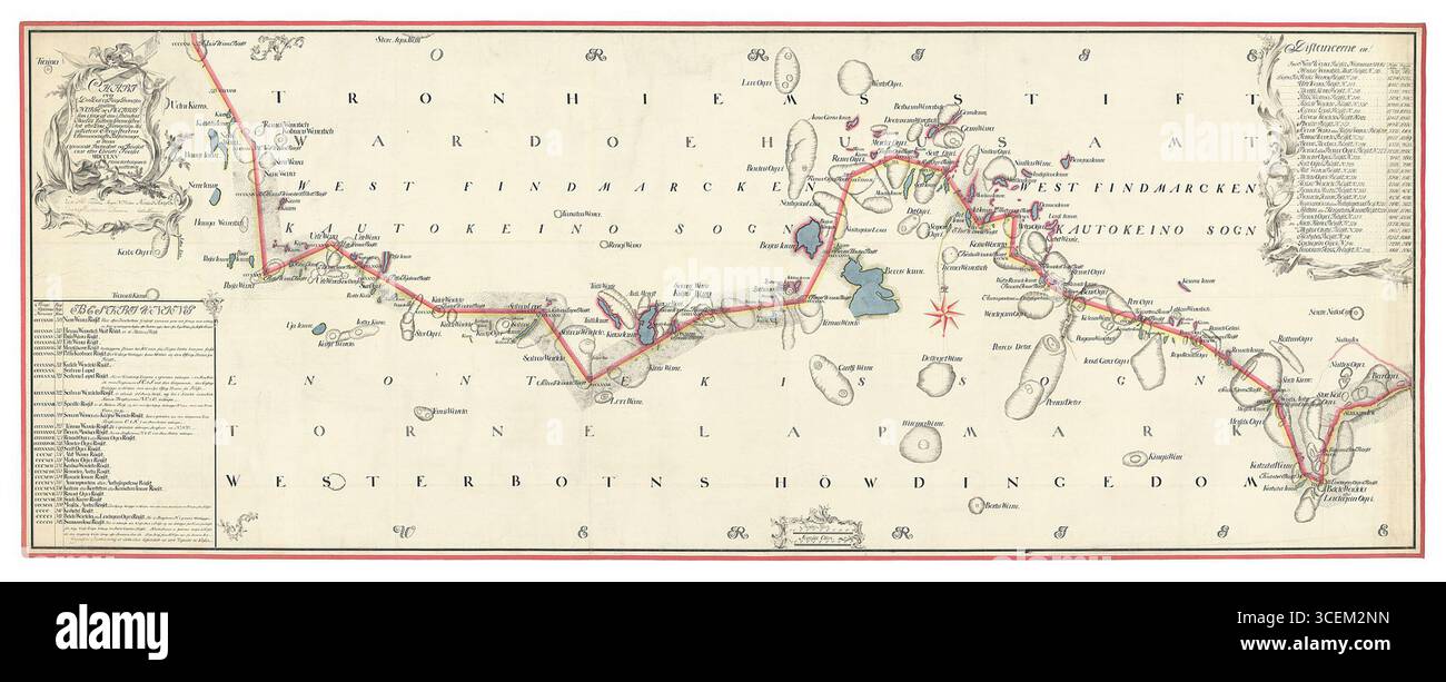 Grensekart n. 21, una mappa di confine del 1765, mostra la zona più vicina alla frontiera attraverso parti della parrocchia di Kautokeino nel Finnmark occidentale, Norvegia. Foto Stock