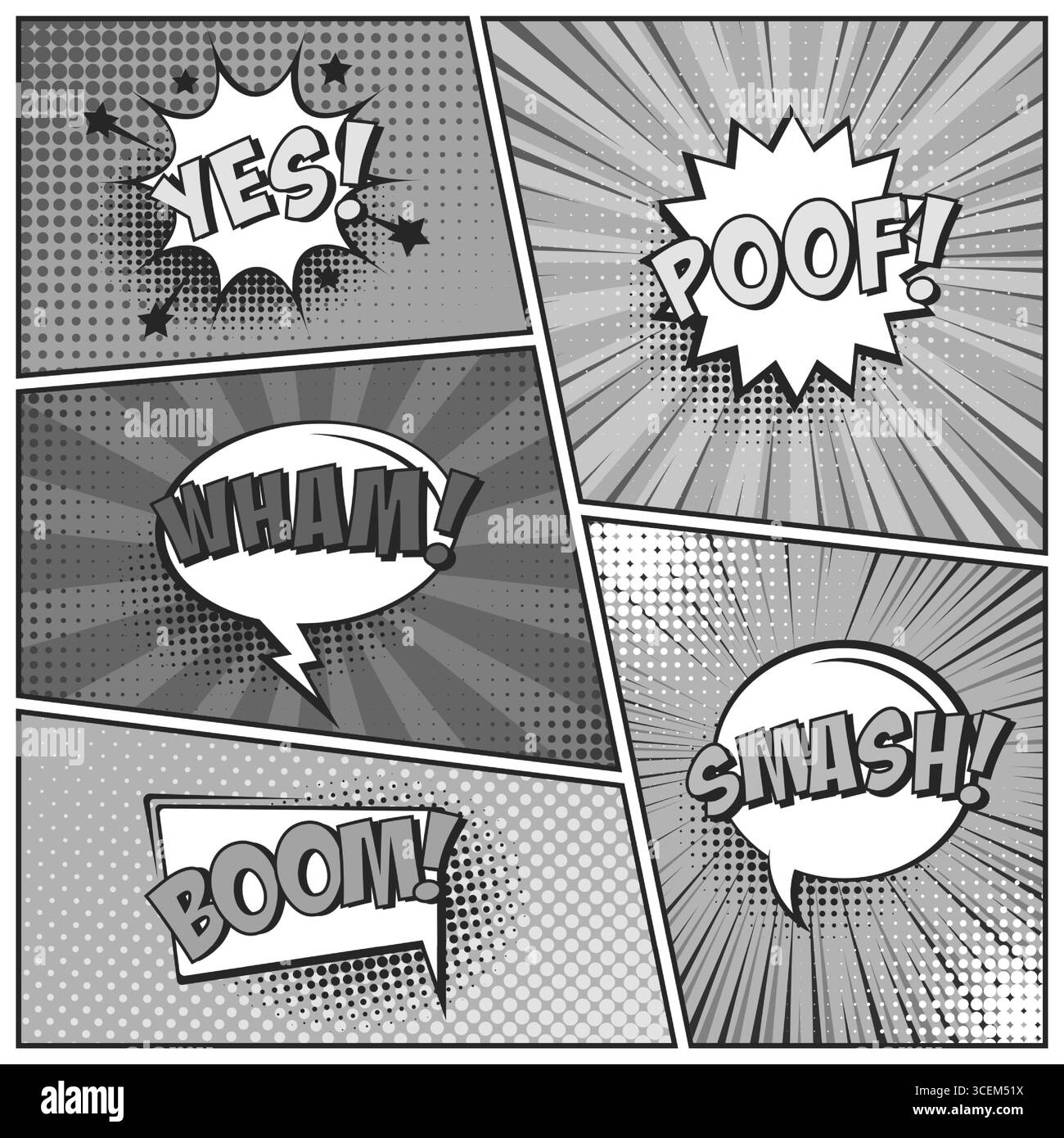 Sfondo fumettistico dei cartoni animati. Bolla del discorso. Poster in bianco e nero del libro di fumetti con elementi mezzitoni e linee radiali. Stile Pop Art retrò. Vettore Illustrazione Vettoriale