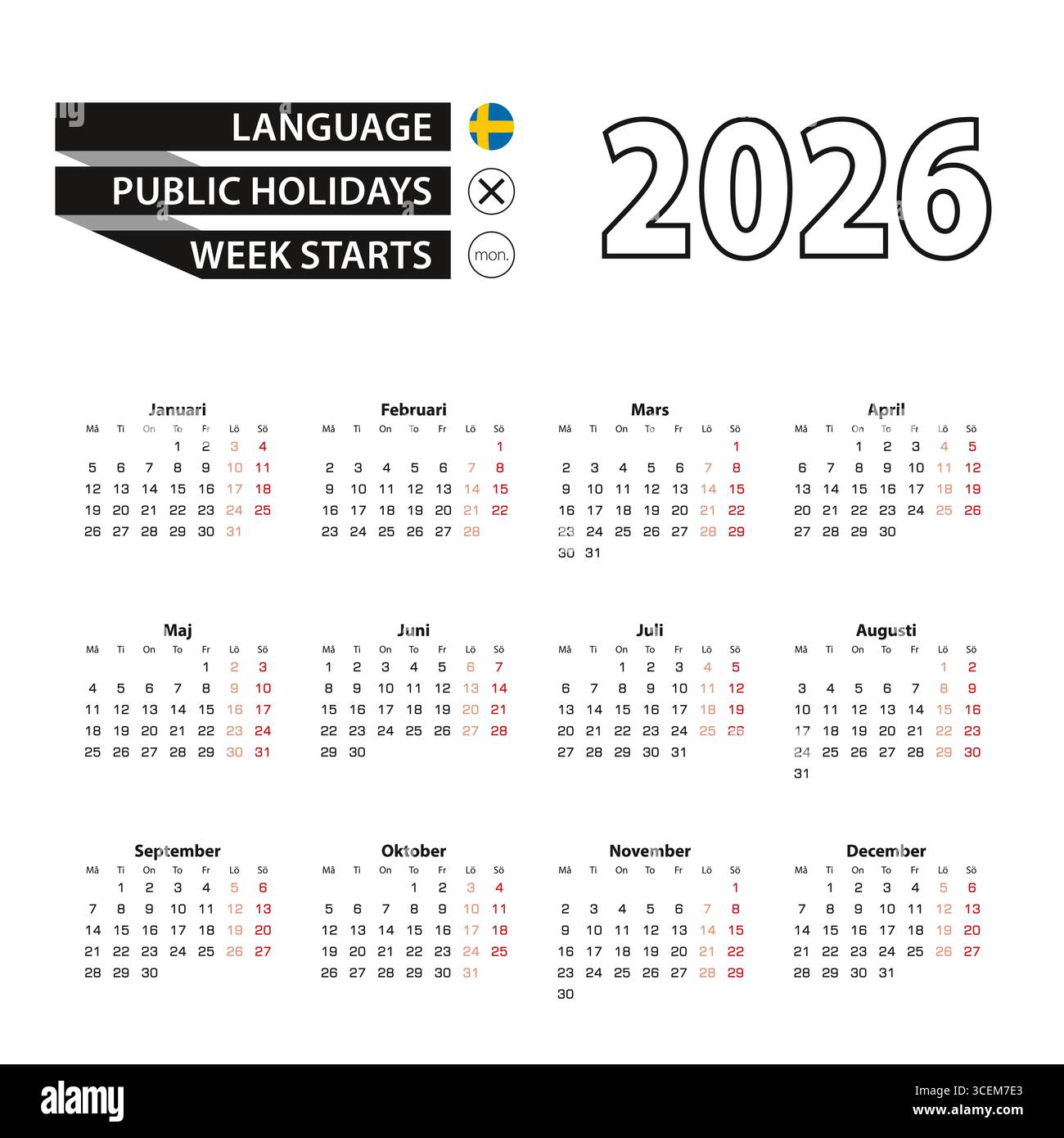 Calendario 2026 in lingua svedese, la settimana inizia lunedì. Calendario vettoriale 2026 anni. Illustrazione Vettoriale