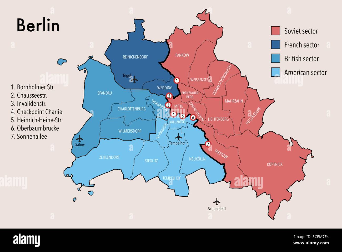 Mappa della Guerra fredda di Berlino divisa in Est e Ovest con settori, Borough e checkpoint Illustrazione Vettoriale