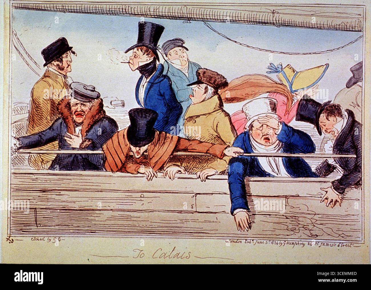 Incisione colorata dei passeggeri con mal di mare sulla strada per Calais, 1824 Foto Stock