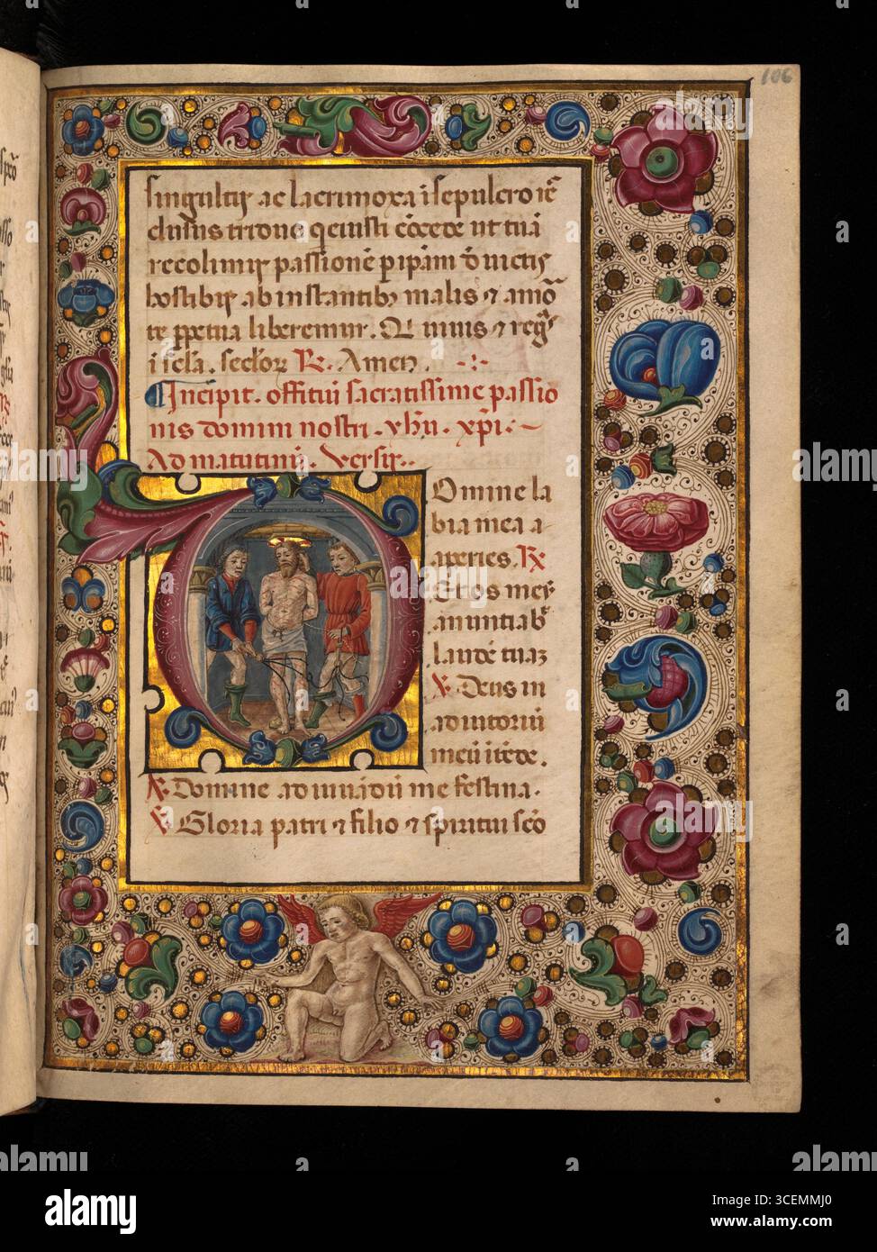 Pagina da un libro di ore probabilmente creato nel XV secolo nel Nord Italia. Le miniature e le iniziali sono realizzate in colori opachi e illuminate in oro. Foto Stock