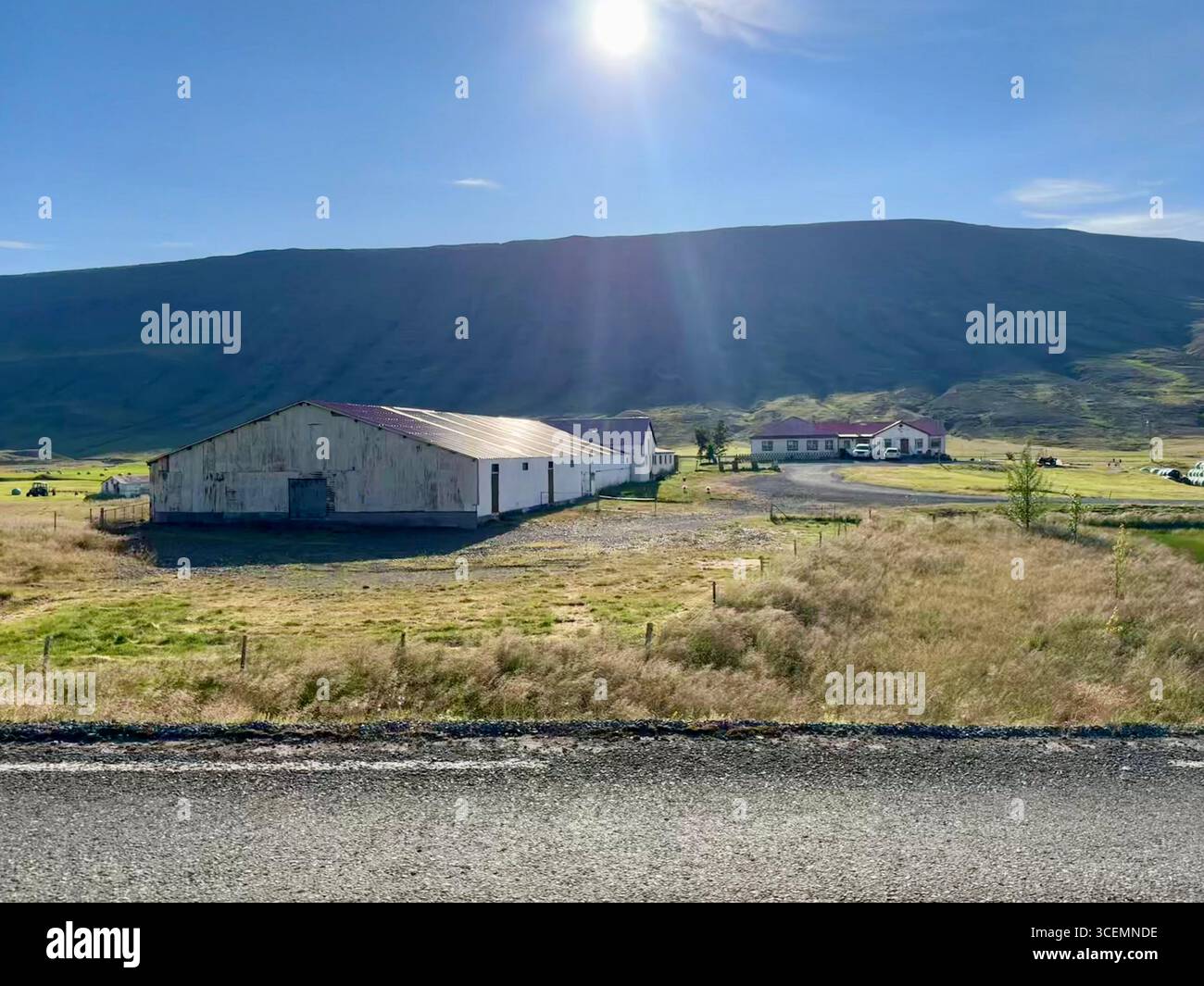 Splendido scenario estivo di campi, edifici e montagne sulla Route 95 Skriðdals- og Breiðdalsvegur nel comune di Múlaþing nell'Islanda orientale. - Immagine stock catturata con smartphone