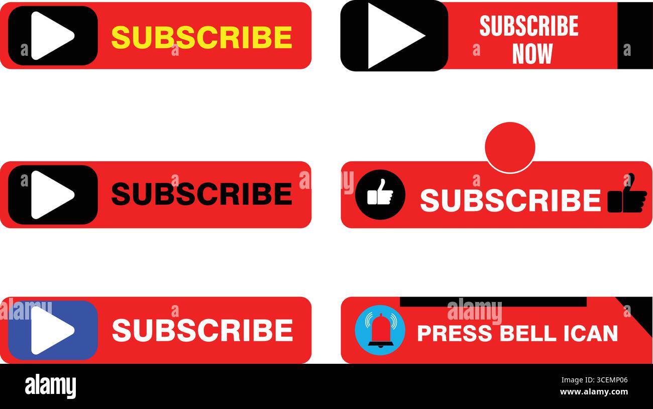 Design vettoriale creativo di YouTube iscriviti ora pulsanti con icone di riproduzione premi le etichette di avviso di notifica a campana per la grafica della promozione video sui social media Illustrazione Vettoriale