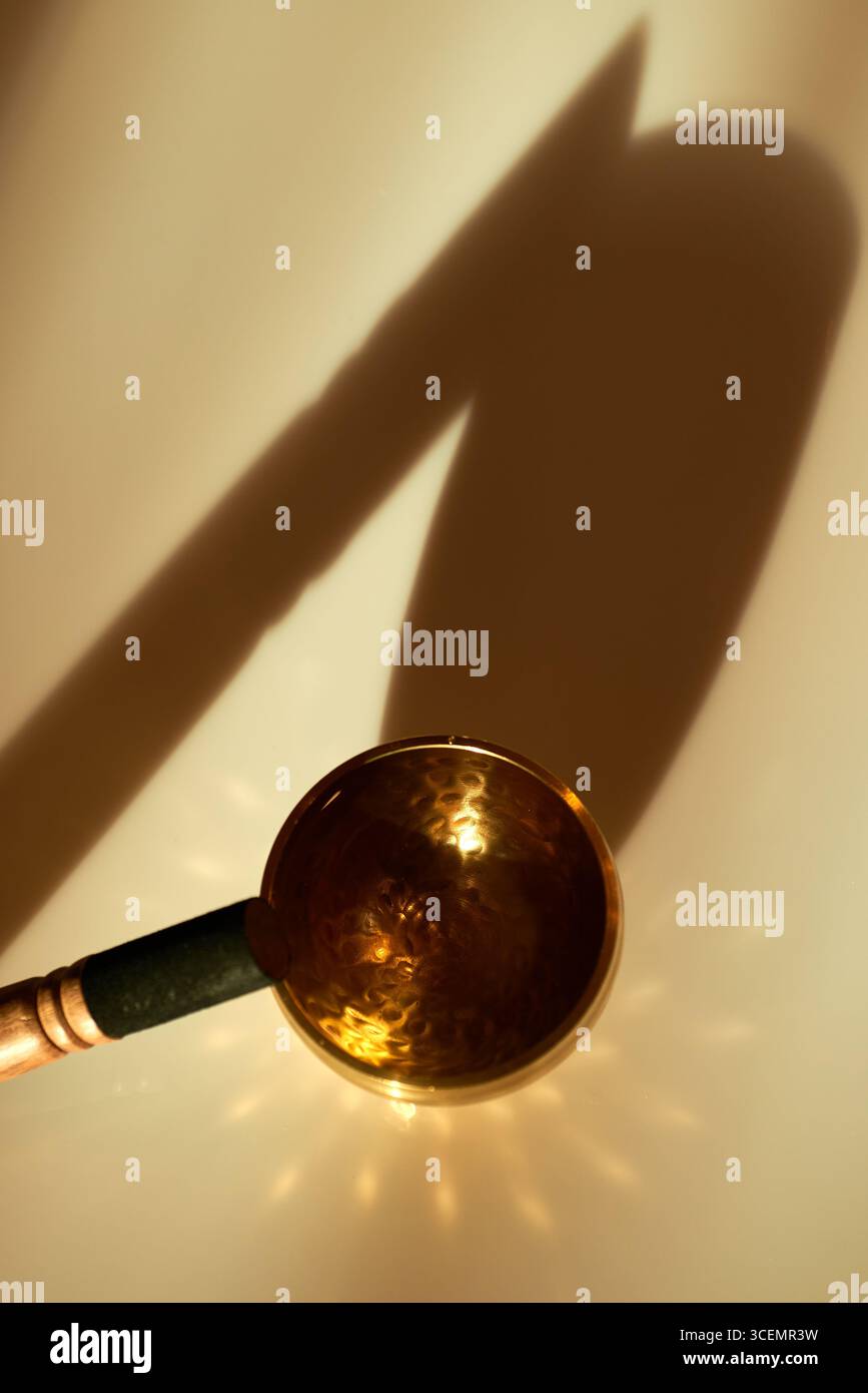 Un'immagine concettuale dall'alto verso il basso di una ciotola cantante e della sua ombra drammatica. Un concetto minimalista e artistico per introspezione, lavoro ombra, spiritualità Foto Stock