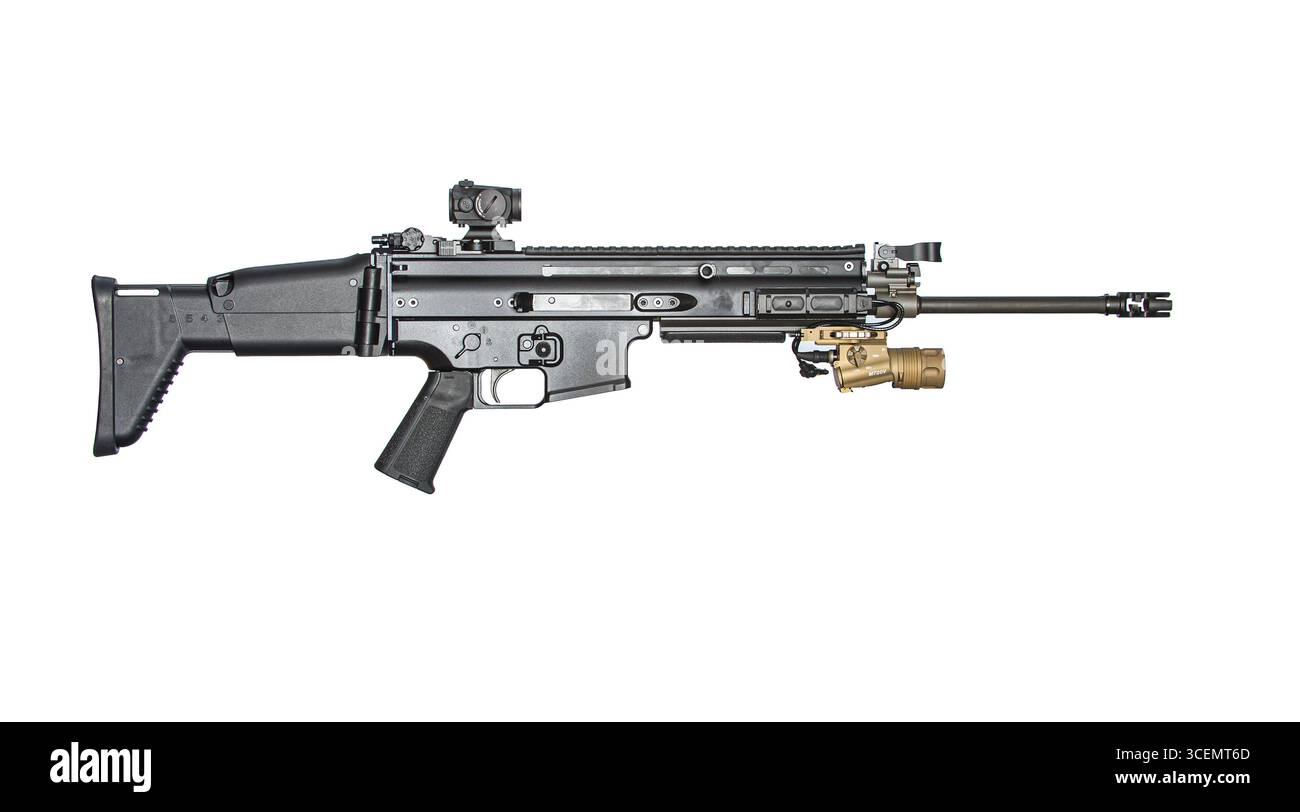 FN Herstal forze per le operazioni speciali di combattimento il fucile di assalto SCAR 16S civili: 5,56mm fucile semiautomatico con Surefire M720V WeaponLight e Aimpoint M Foto Stock