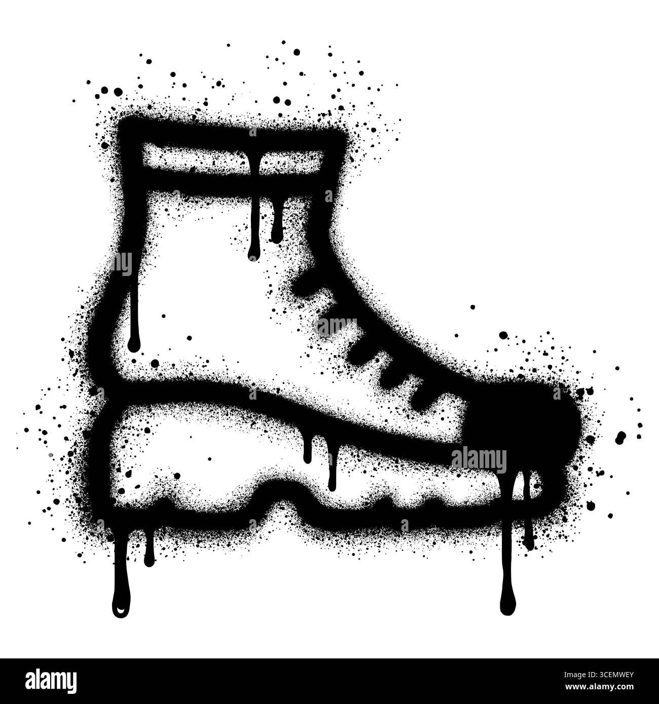 Icona della scarpa da trekking graffiti con vernice spray nera. Avvio di lavoro del costruttore. Illustrazione Vettoriale