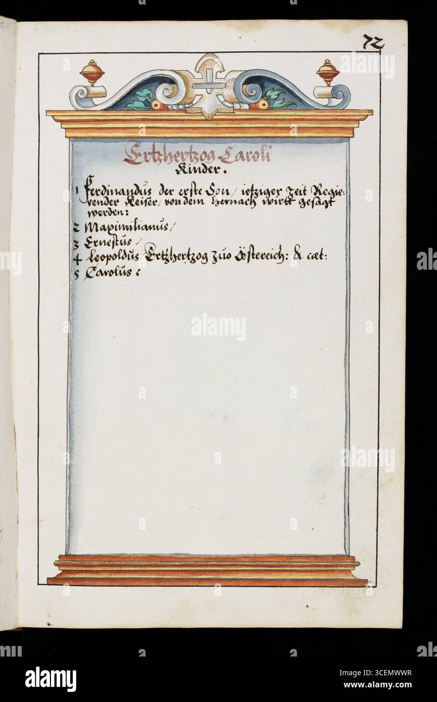 Pagina di una storia abbreviata degli Asburgo in forma rima con disegni a penna degli stemmi della dinastia asburgica, compresi quelli dei coniugi, spesso presentati come stemmi combinati (alleati). xvii secolo Foto Stock