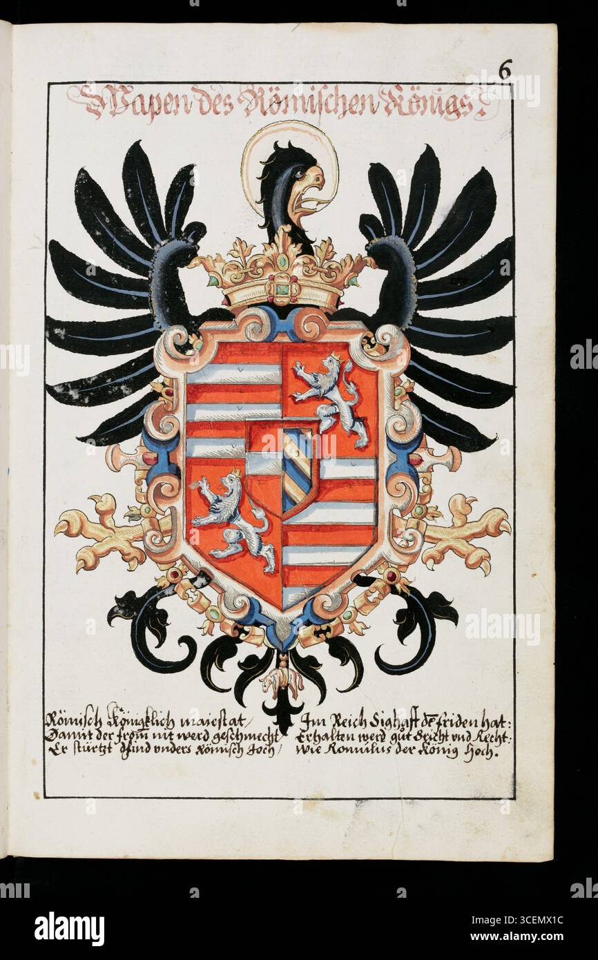 Pagina di una storia abbreviata degli Asburgo in forma rima con disegni a penna degli stemmi della dinastia asburgica, compresi quelli dei coniugi, spesso presentati come stemmi combinati (alleati). xvii secolo Foto Stock