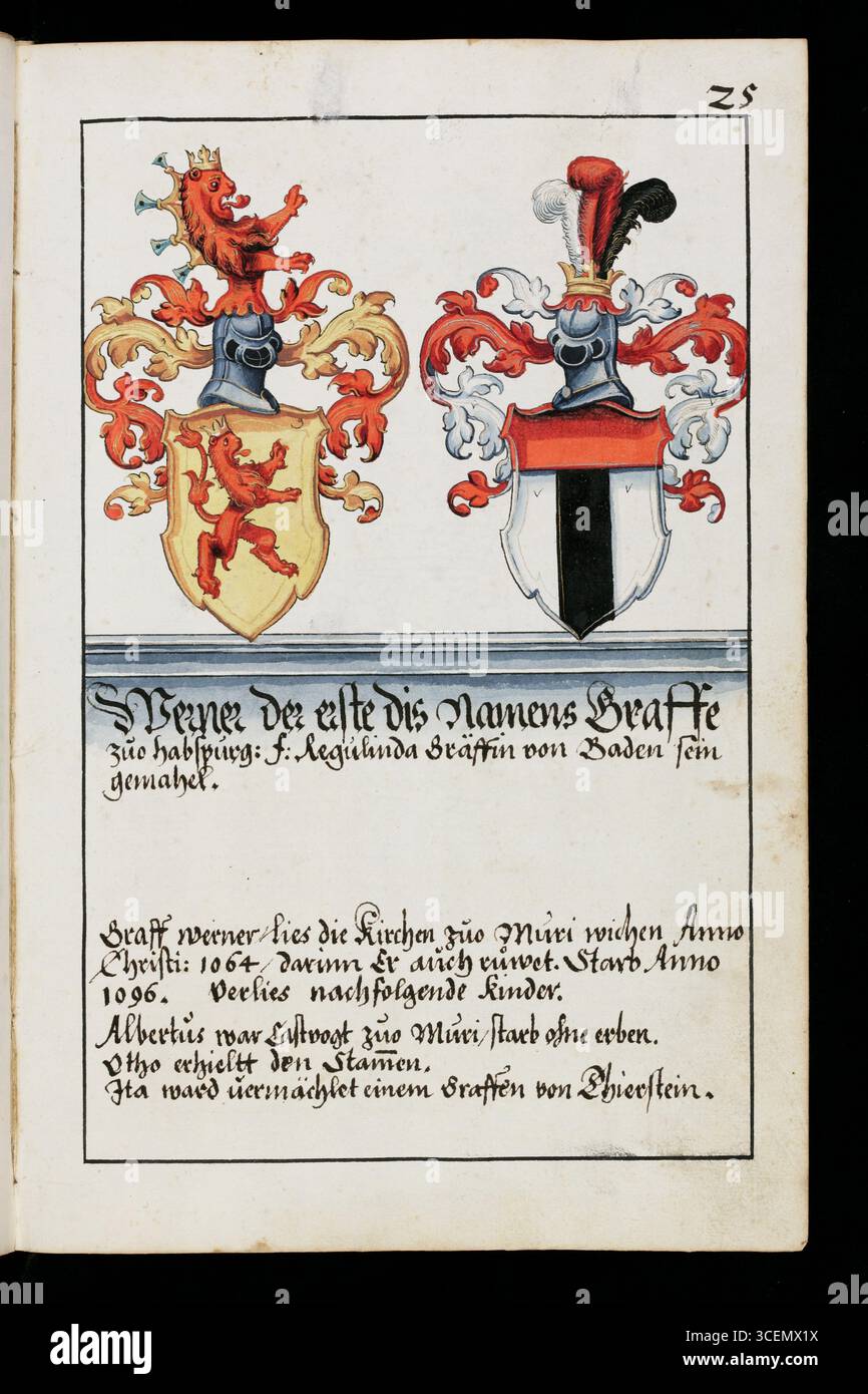Pagina di una storia abbreviata degli Asburgo in forma rima con disegni a penna degli stemmi della dinastia asburgica, compresi quelli dei coniugi, spesso presentati come stemmi combinati (alleati). xvii secolo Foto Stock