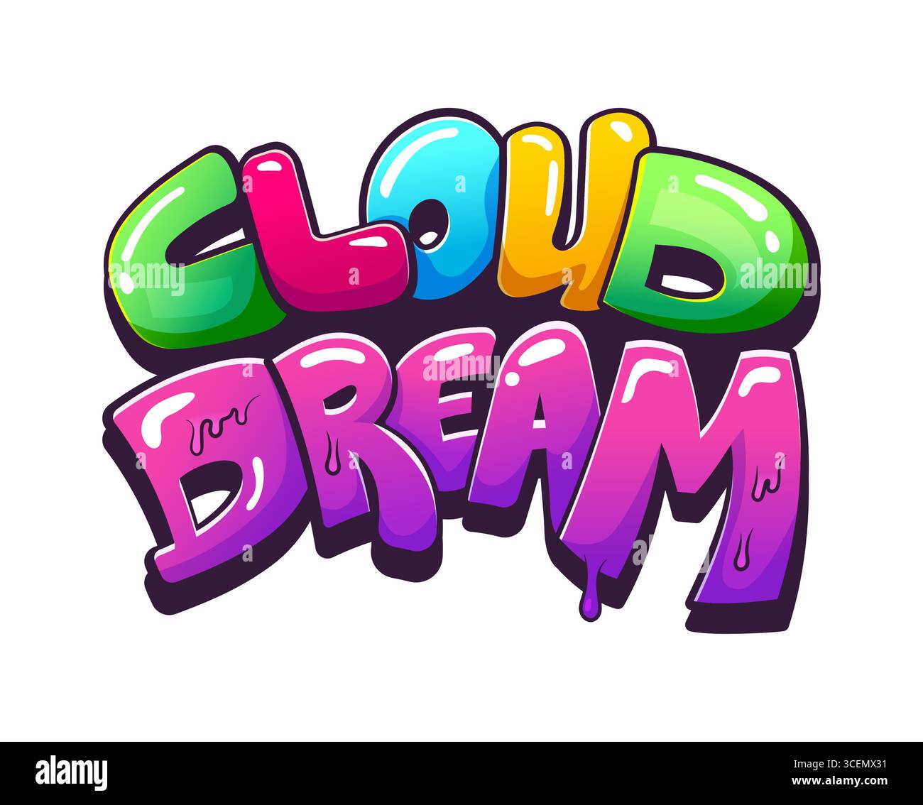 Street art urbana graffiti opere d'arte alla moda. Nuvola di testo a fumetti colorati vettoriali in stile 3d lucido con divertenti lettere arcobaleno e un'atmosfera da sogno e allegra. Tipografia creativa isolata Illustrazione Vettoriale