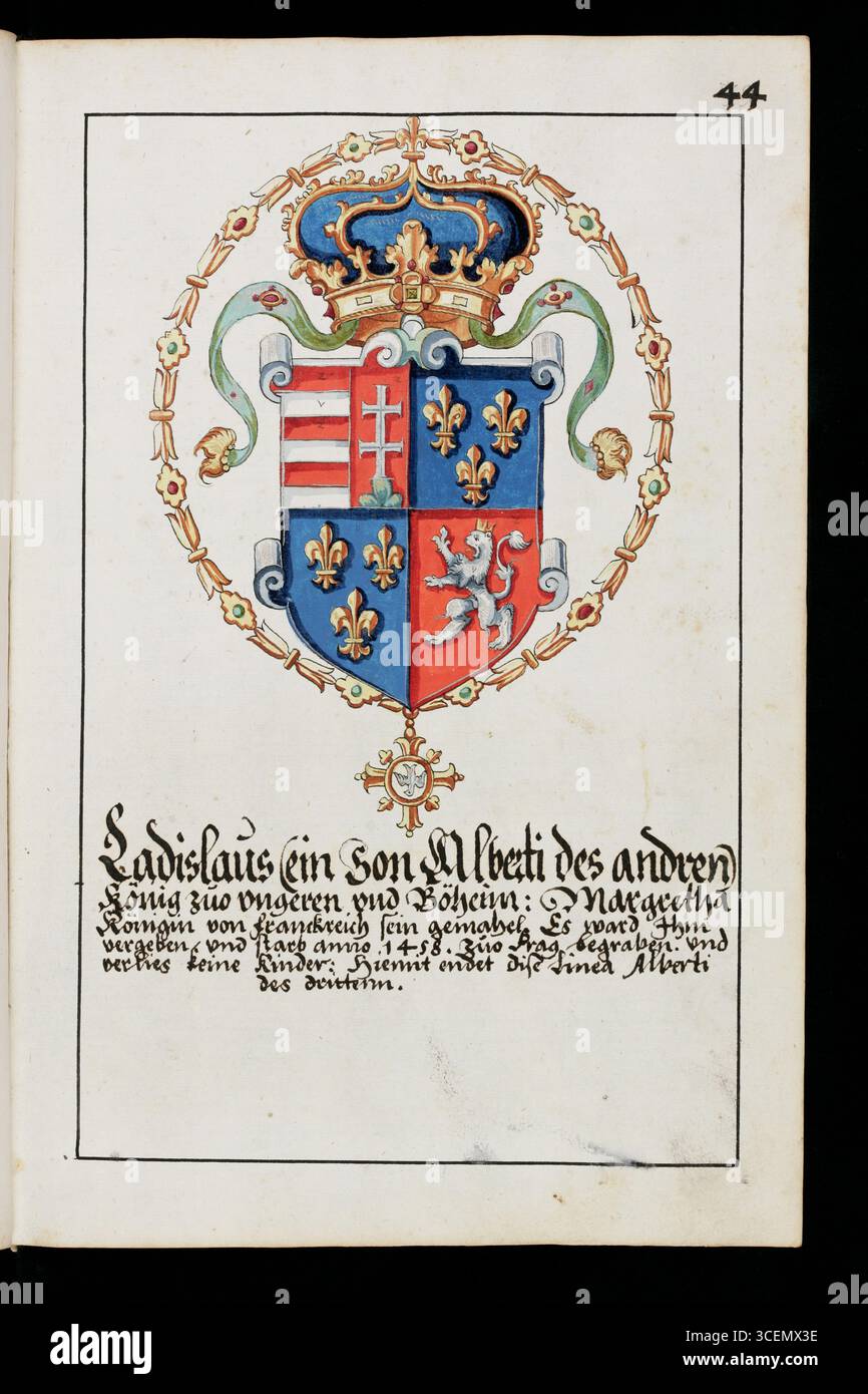 Pagina di una storia abbreviata degli Asburgo in forma rima con disegni a penna degli stemmi della dinastia asburgica, compresi quelli dei coniugi, spesso presentati come stemmi combinati (alleati). xvii secolo Foto Stock