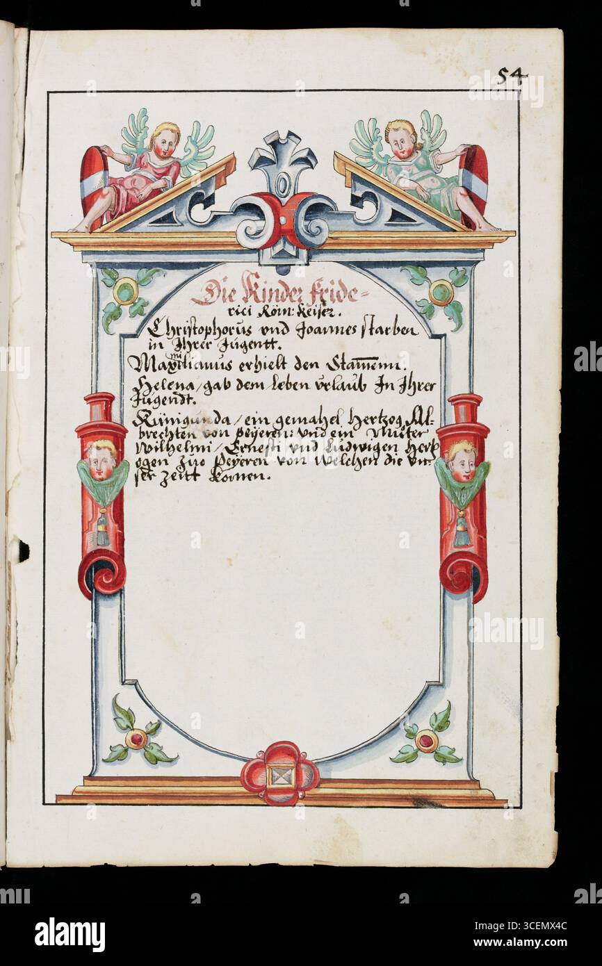 Pagina di una storia abbreviata degli Asburgo in forma rima con disegni a penna degli stemmi della dinastia asburgica, compresi quelli dei coniugi, spesso presentati come stemmi combinati (alleati). xvii secolo Foto Stock