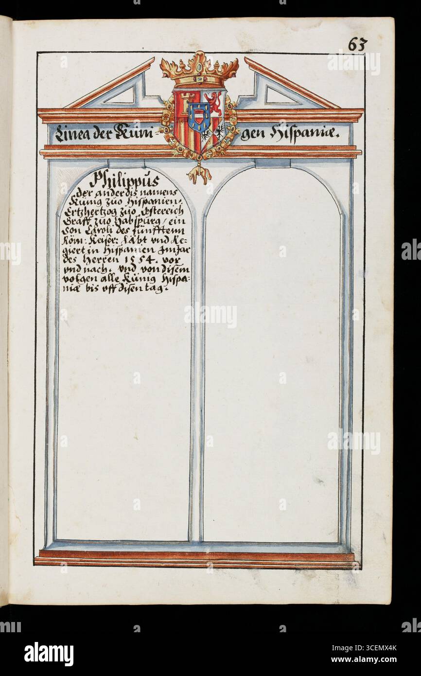 Pagina di una storia abbreviata degli Asburgo in forma rima con disegni a penna degli stemmi della dinastia asburgica, compresi quelli dei coniugi, spesso presentati come stemmi combinati (alleati). xvii secolo Foto Stock
