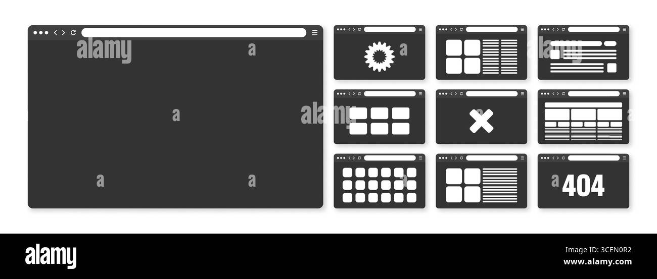 Finestra del browser Web, layout delle pagine con barra degli strumenti e campo di ricerca. Sito web moderno, pagina Internet in stile piatto. Mockup del browser per computer, tablet e. Illustrazione Vettoriale